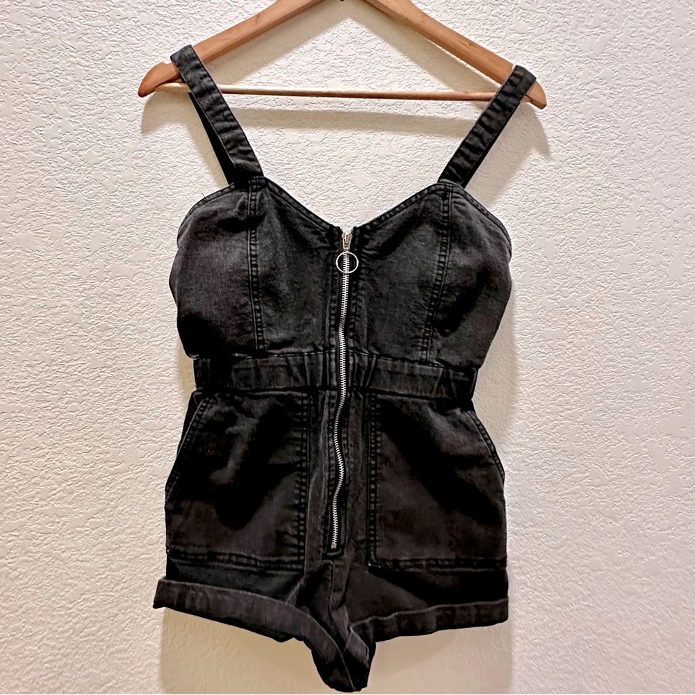 Distressed Denim Romper | Zip Up | Utility Pockets | S/M